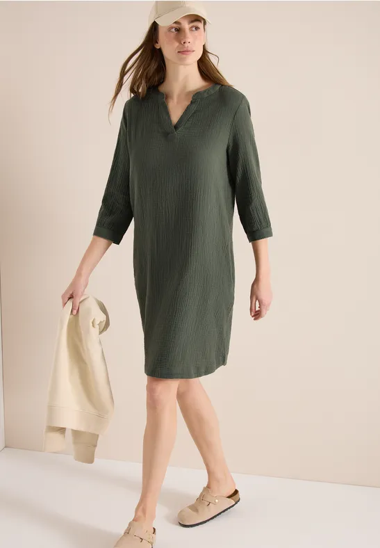 Knielanges Kleid in Musselin-Qualität khaki
