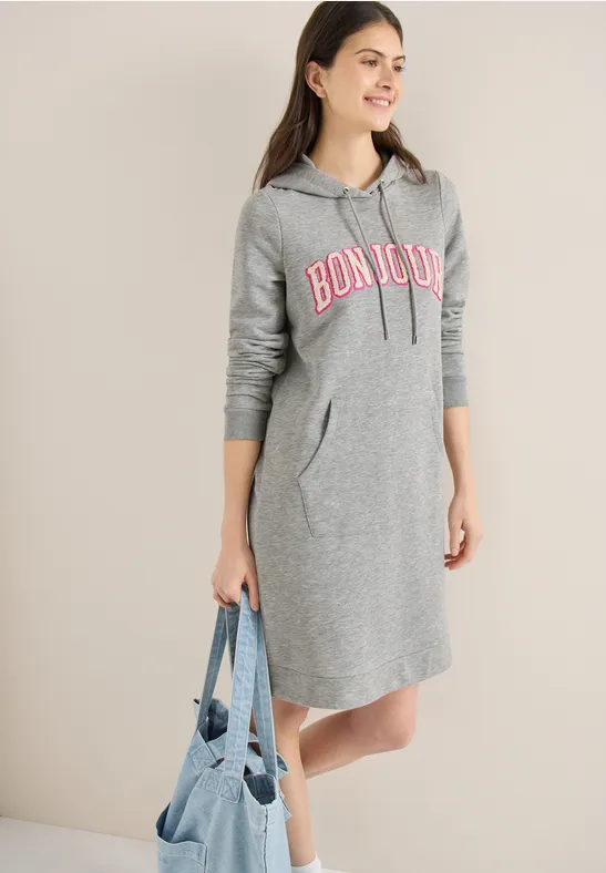 Knielanges Kleid aus Sweat mit Kapuze milky grey melange