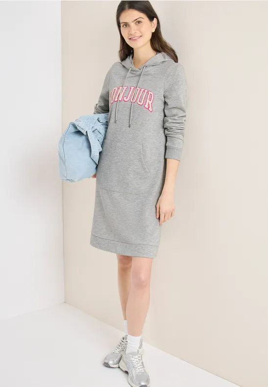 Knielanges Kleid aus Sweat mit Kapuze milky grey melange