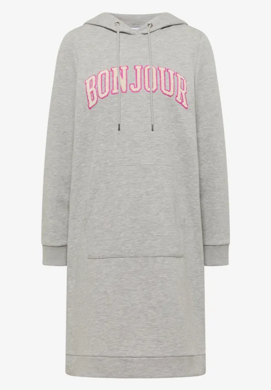 Knielanges Kleid aus Sweat mit Kapuze milky grey melange