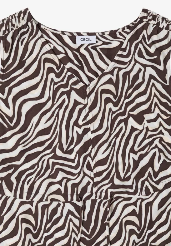 Ärmelloses, tailliertes Top mit braun-weißem Zebra-Muster und leichtem Schößchensaum.