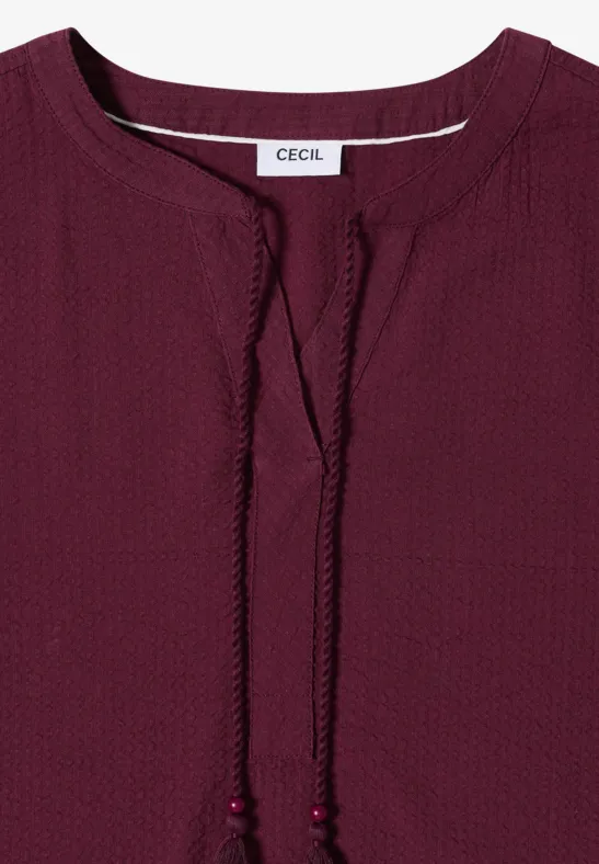 Bordeauxrotes, leicht strukturiertes Damenblusenshirt mit rundem Halsausschnitt und Kordelzug