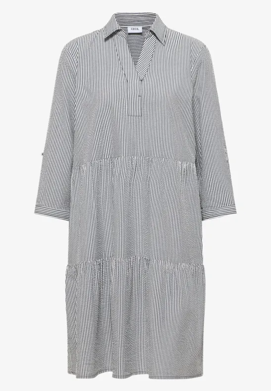 Graues kariertes Hemdblusenkleid mit V-Ausschnitt, Kragen, 3/4-Ärmeln und Stufenrock.