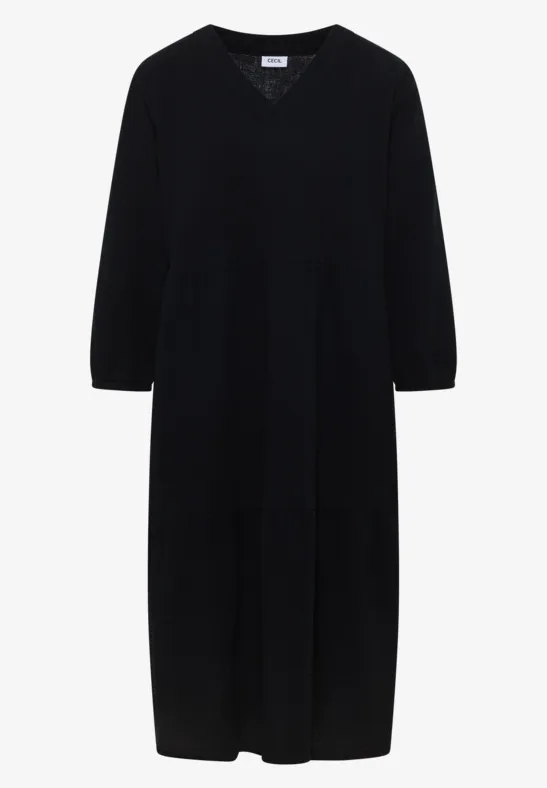 Robe noire mi-longue col en V et manches 3/4