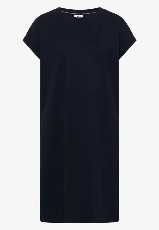 Ein schlichtes, dunkelblaues T-Shirt-Kleid mit kurzen Ärmeln und geradem Schnitt.