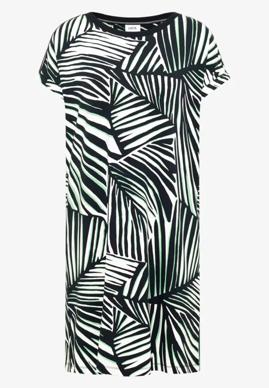 Robe droite mi-longue à manches courtes avec motif de feuilles noir et blanc.