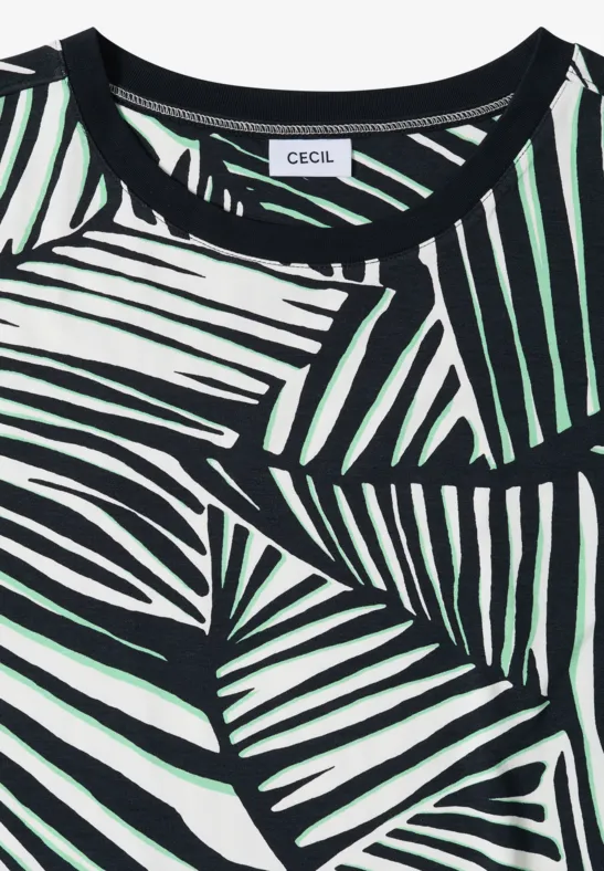 T-shirt noir et blanc à motif abstrait de feuilles de palmier et col rond.