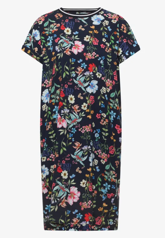 Schwarzes Midikleid mit buntem Blumenmuster, kurzen Ärmeln und lockerem Schnitt.