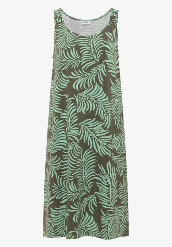Ärmelloses Maxikleid mit braunem Grundton und hellem Türkisblättermuster.