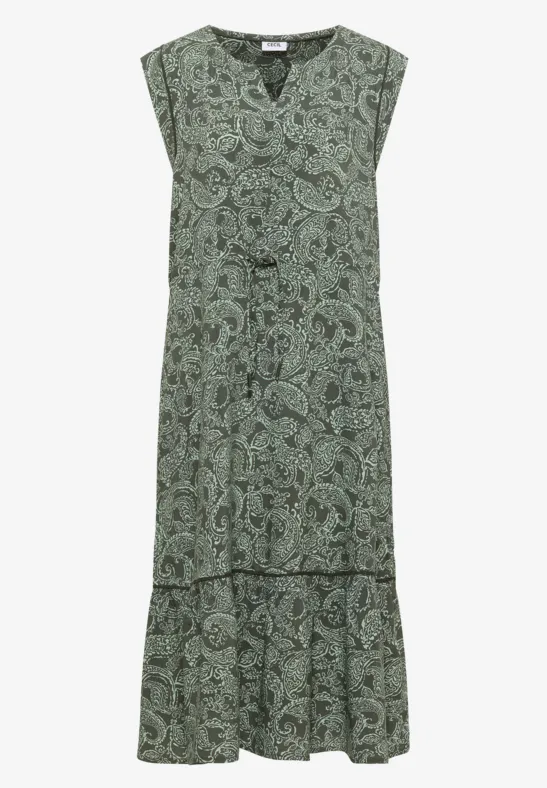 Ärmelloses Maxikleid mit grünem Paisley-Muster, V-Ausschnitt und voluminösem Stufenrock.