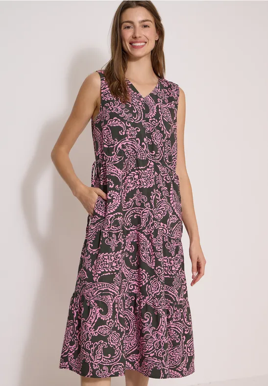 Ärmelloses Midi-Kleid mit V-Ausschnitt und pink-schwarzem Paisley-Muster, locker fallend mit seitlichen Eingrifftaschen.