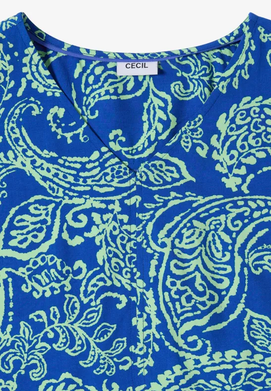 Haut sans manches bleu vif à motif cachemire vert clair, étiquette CECIL.