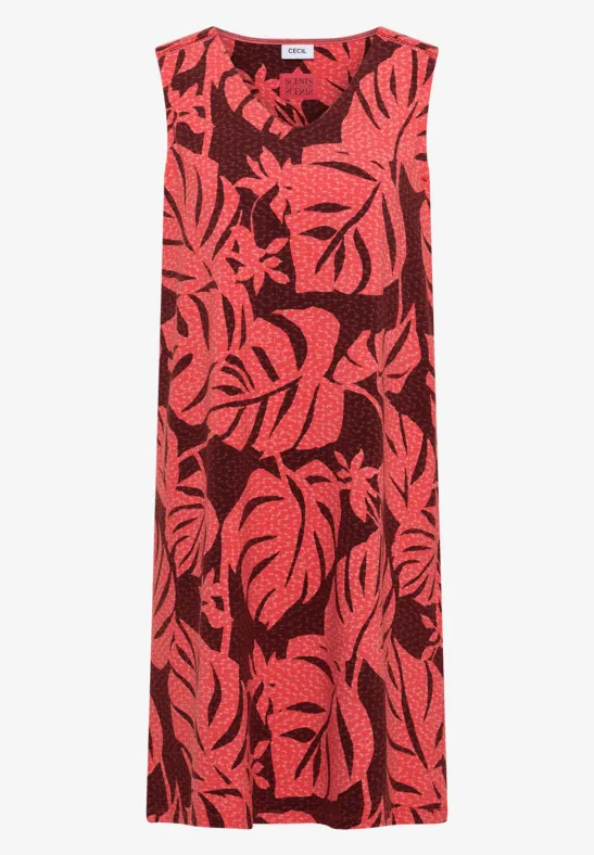 Ärmelloses knöchellanges Kleid mit dunklem Grund und großem pinken Blattmuster.