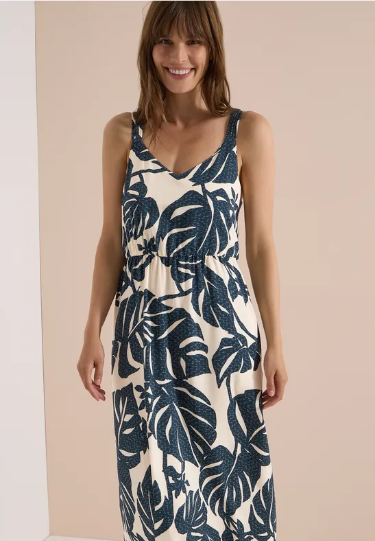 Damen-Sommerkleid mit V-Ausschnitt und großem dunkelblauem Blattmuster auf hellem Hintergrund.