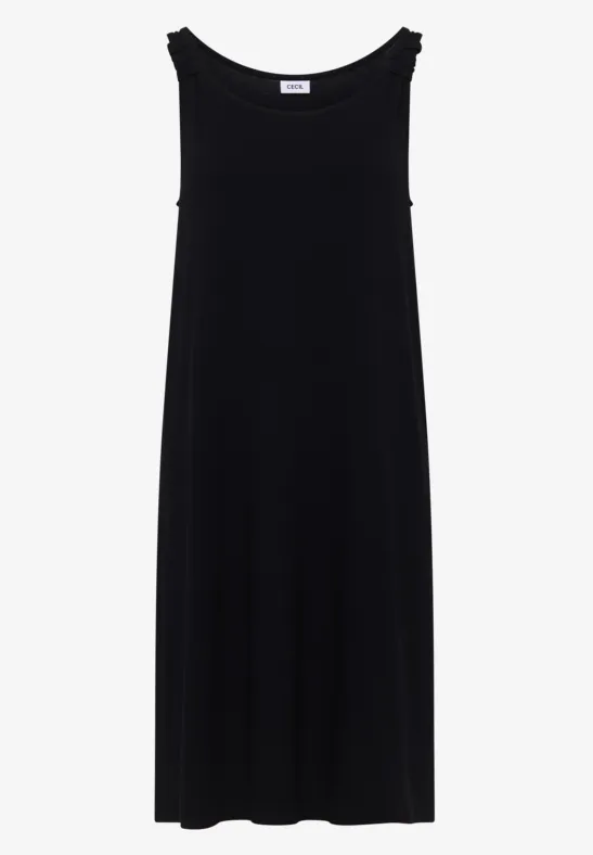 Schwarzes ärmelloses Midikleid aus fließendem Stoff mit rundem Ausschnitt.