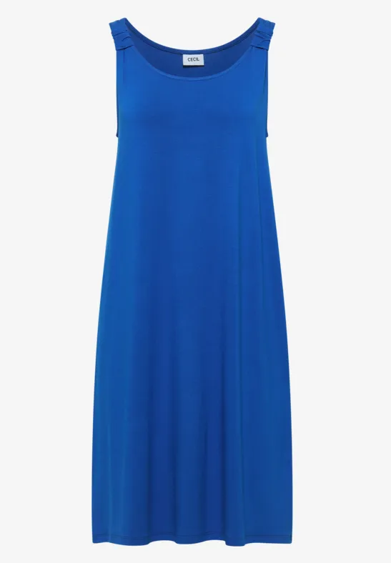 Ärmelloses, lockeres, midilanges Kleid in kräftigem Blau mit Rundhalsausschnitt.
