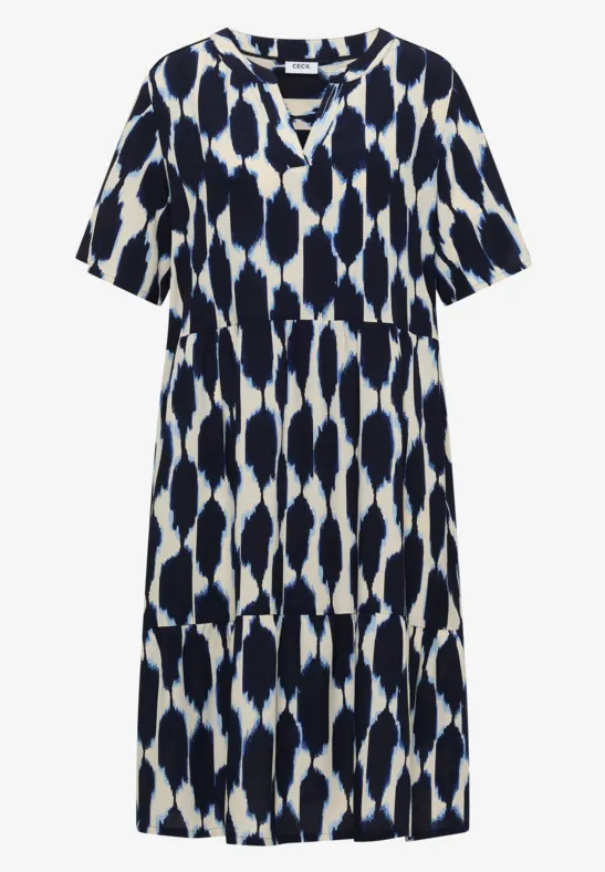 Robe midi à manches courtes, imprimé bleu marine et blanc, col V et taille marquée