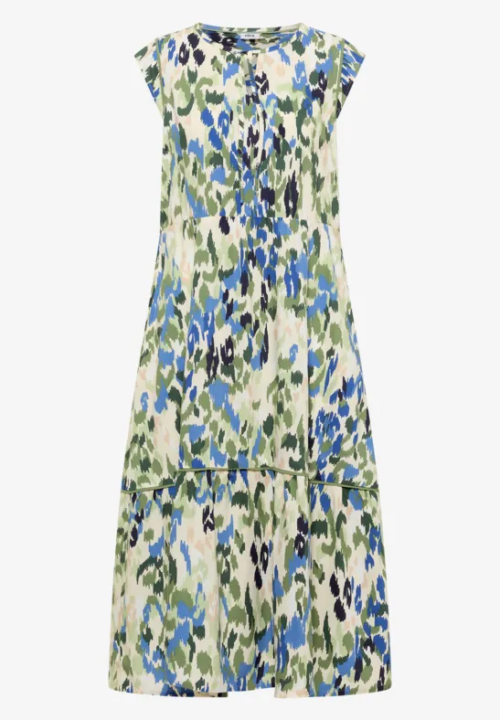 Ärmeloses Midikleid mit abstraktem Blumen- und Blattmuster in Blau und Grün
