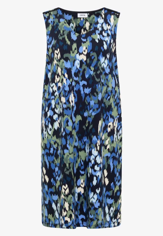 Ärmelloses knielanges Kleid mit rundem Ausschnitt und abstraktem Muster in Blau-, Grün- und Schwarztönen.