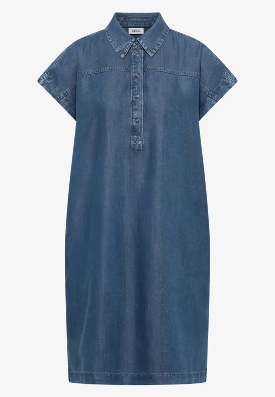 Robe en jean bleu mi-longue à manches courtes, col chemise et patte de boutonnage