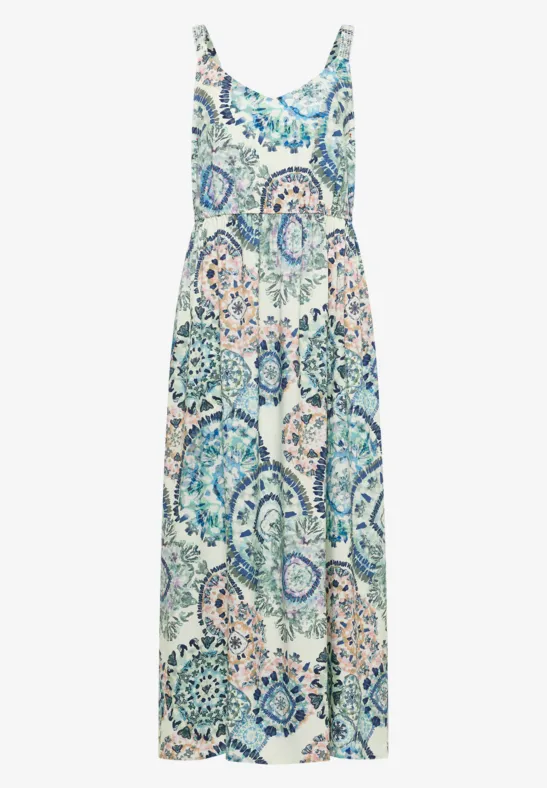 Ärmelloses, langes Sommerkleid mit blau-grünem Mosaikprint und lockerem Schnitt