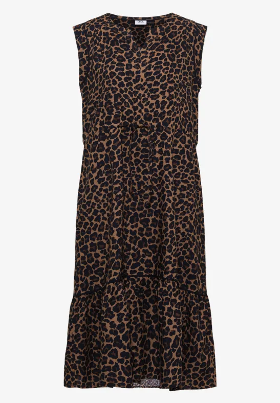 Ärmelloses Midikleid mit braun-schwarzem Leopardenmuster, Taillenschnürung und Volantsaum.