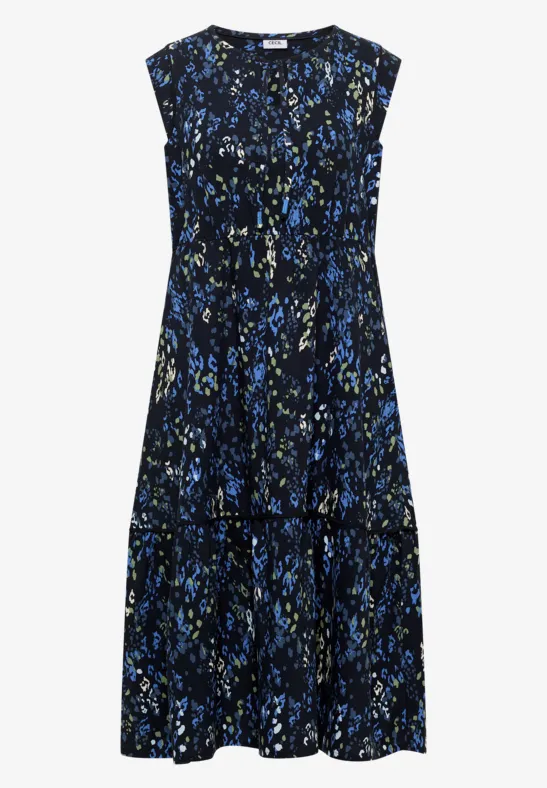Ärmelloses Midikleid mit blauem abstraktem Blumenmuster auf schwarzem Grund.
