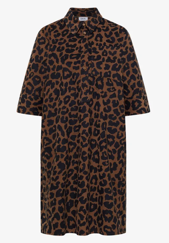 Robe-chemise mi-longue marron imprimé léopard noir