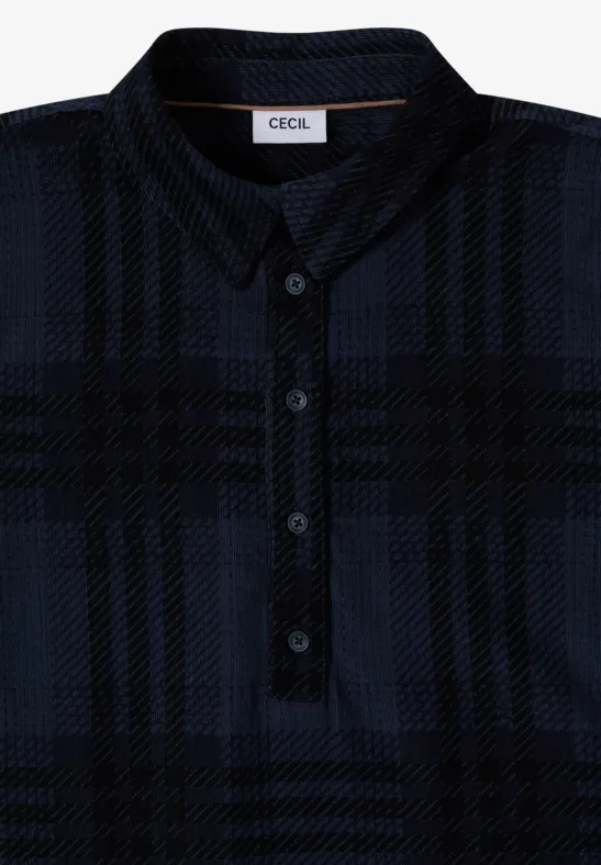 Polo à carreaux bleu foncé avec col et patte de boutonnage, marque CECIL.