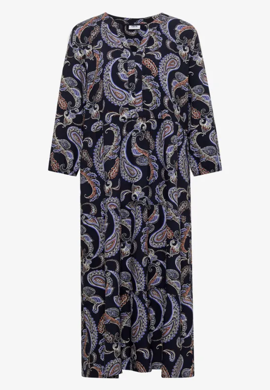 Robe longue bleu foncé à manches 3/4 avec imprimé cachemire coloré.