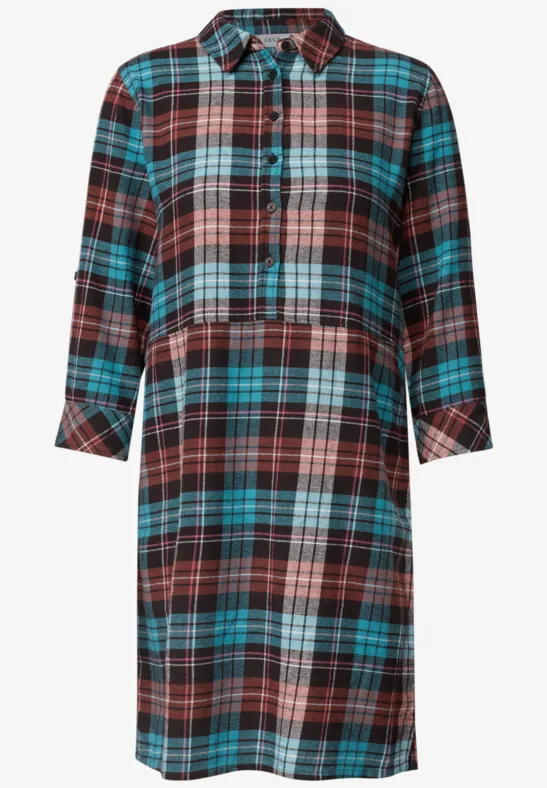 Robe chemise à carreaux rouges, noires et turquoise, manches 3/4