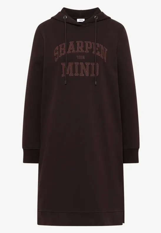 Robe-sweat à capuche marron, longueur genou, manches longues et imprimé 'SHARPEN MIND!' devant