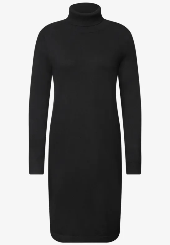Robe pull noire à col roulé, manches longues, longueur genou.