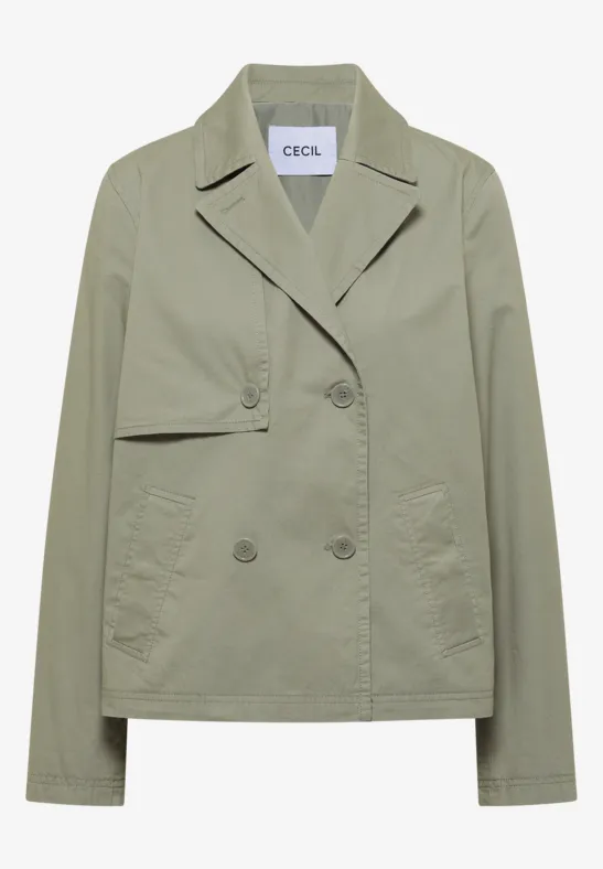 Leichte olivgrüne Doppelreiher-Blazerjacke mit Reverskragen und aufgesetzten Taschen.