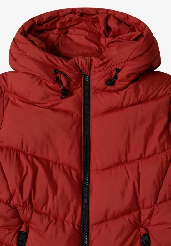 Rote, gesteppte Daunenjacke mit Kapuze, Reißverschluss und Taschen