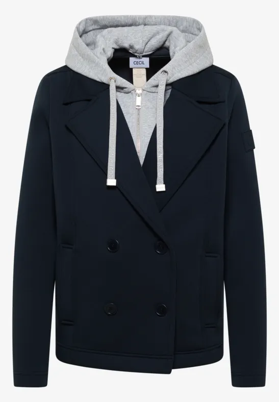 Elegante Herren-Jacke mit doppelreihigem Blazer-Schnitt und kapuzenähnlichem Innenfutter.