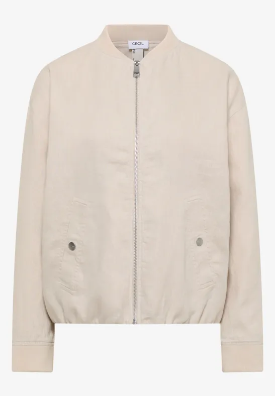 Hellbeige Bomberjacke mit Reißverschluss, geraden Ärmeln, zwei Eingrifftaschen und elastischem Saum.