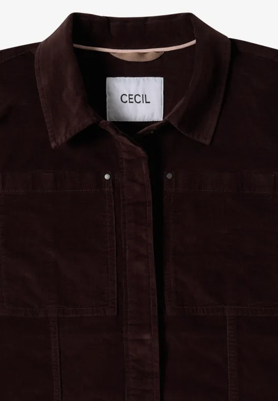 Dunkelbraune Cordjacke mit Hemdkragen und CECIL-Label, weicher, leicht strukturierter Stoff.