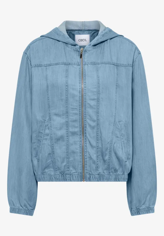 Hellblaue Jeansblousonjacke mit Kapuze, durchgehendem Reißverschluss und elastischem Bund sowie Bündchen.