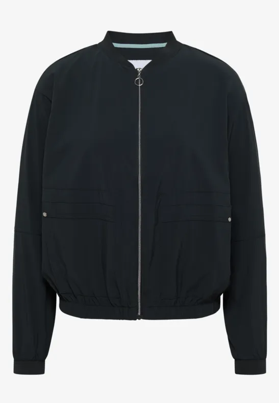 Schwarze Bomberjacke mit Reißverschluss, zwei Taschen und elastischen Bündchen.