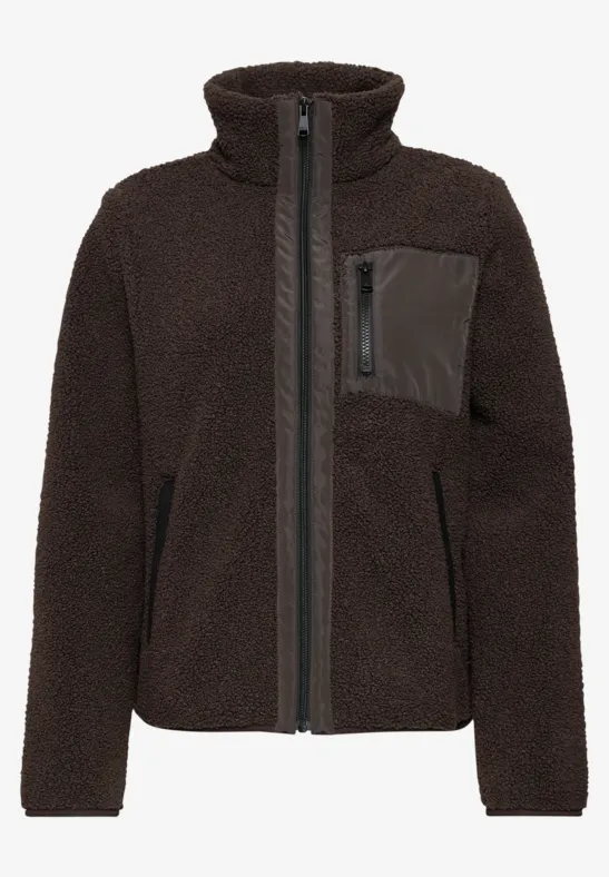 Braune Teddy-Fleecejacke mit Stehkragen, durchgehendem Reißverschluss und Brusttasche