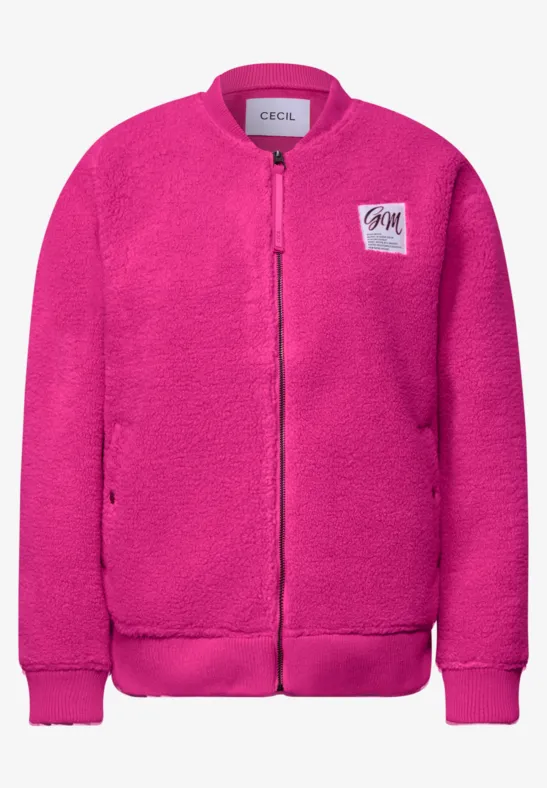 Warme pinke Teddy-Fleece-Bomberjacke mit Reißverschluss und Seitentaschen.