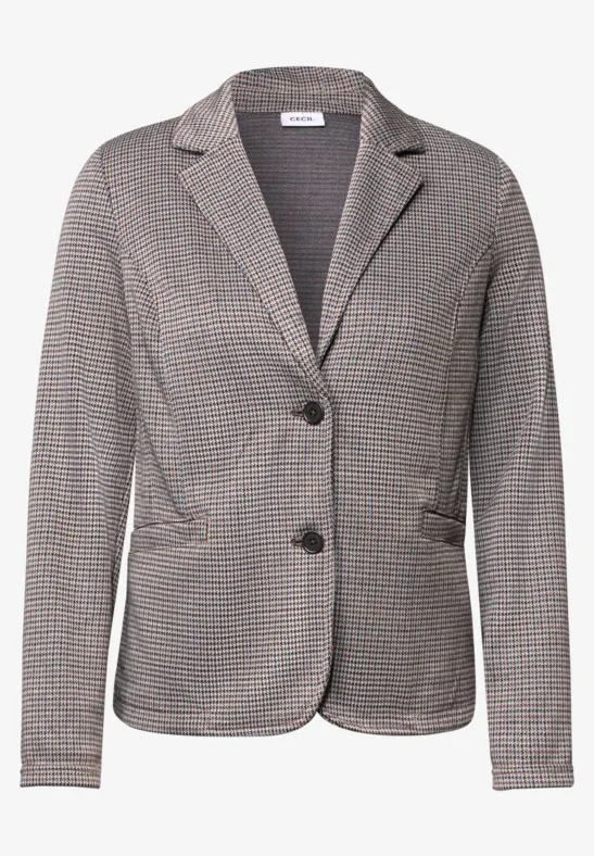 Grijs geblokt damesblazer met reverskraag, twee knopen en opgestikte zakken, voor een elegante uitstraling.