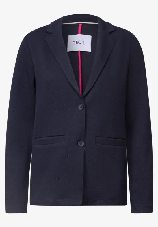 Veste bleu marine à deux boutons, col à revers et poches latérales.