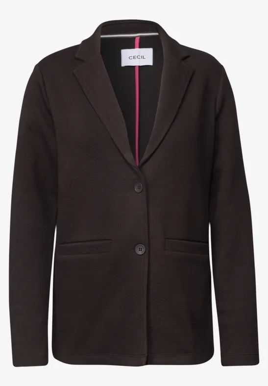 Veste blazer noire pour femme à col cranté, deux boutons et deux poches avant.
