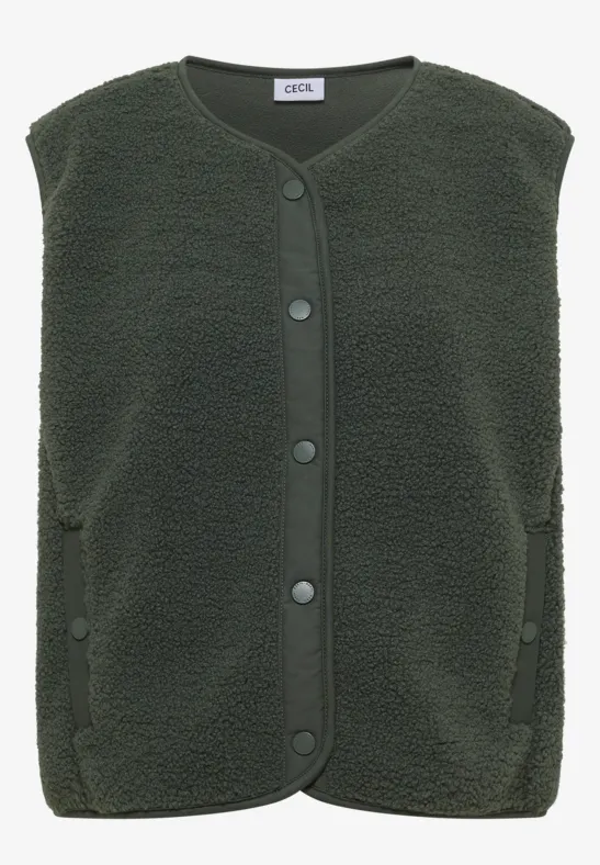 Veste sans manches en polaire vert foncé, douce, avec boutons pression et col rond.