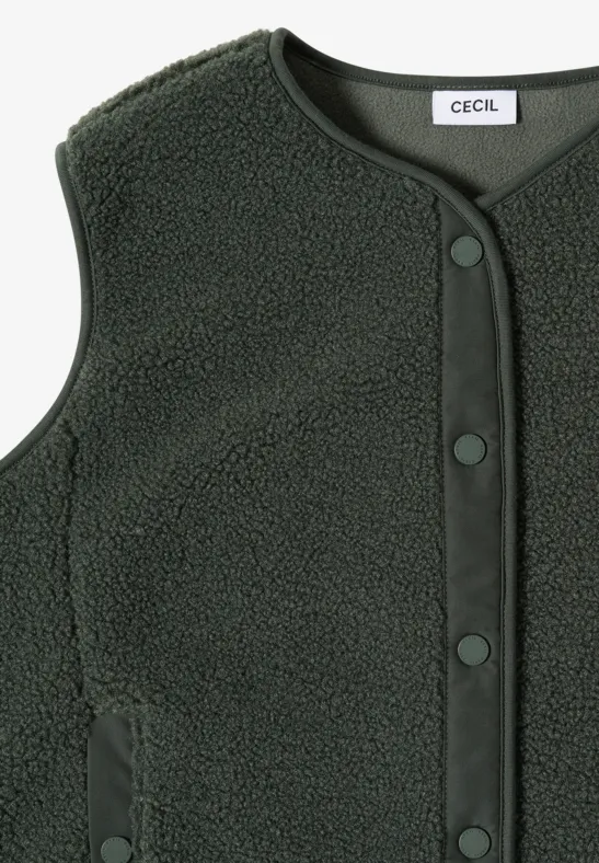Gilet sans manches en polaire vert foncé avec boutons sur le devant et poches