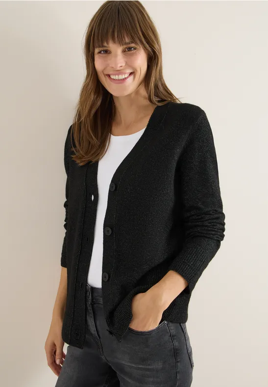 Miękki kardigan z dekoltem w szpic black melange