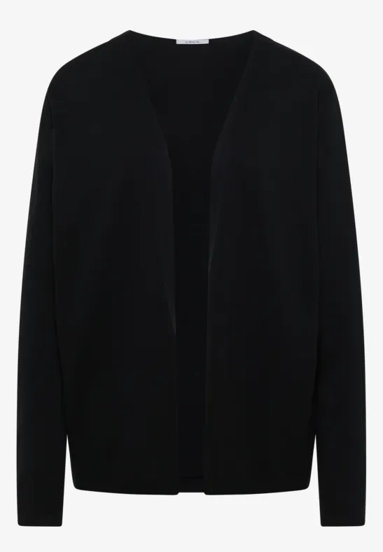 Schwarze, offene Strickjacke mit schlichtem Design und langen Ärmeln.