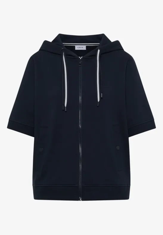 Dunkelblauer Kapuzenpullover mit kurzen Ärmeln, Reißverschluss und Kordelzug.